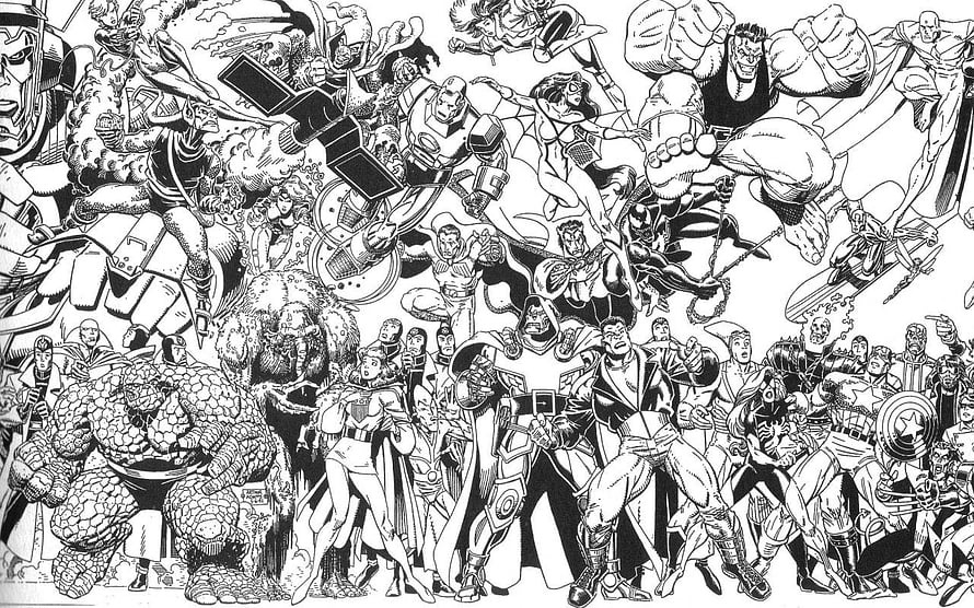 Marvel Comics Black and White Ensemble Illustration Featuring Classic Superhero Roster HD wallpaper