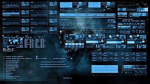 Cyberpunk Hacker Interface with Glowing Blue Data Panels and Terminal Code HD wallpaper