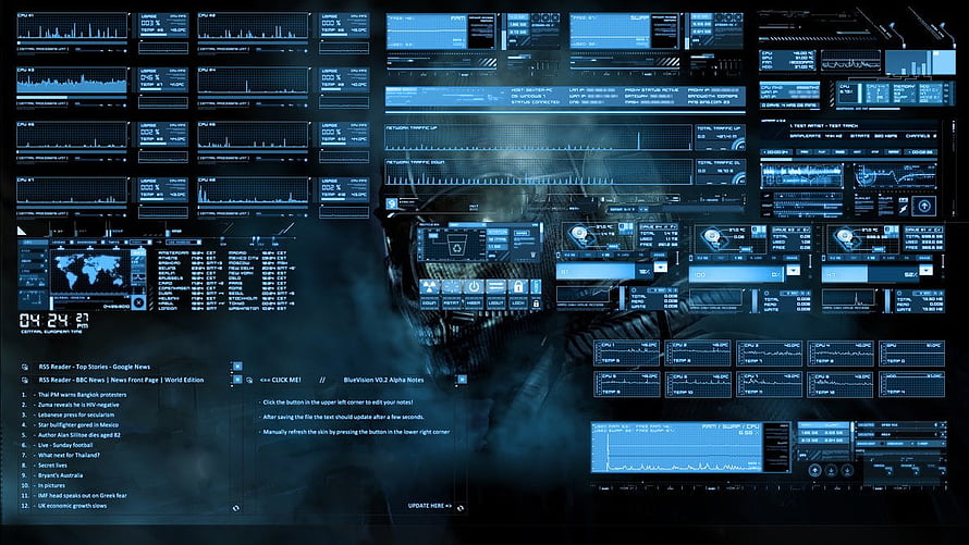 Cyberpunk Hacker Interface with Glowing Blue Data Panels and Terminal Code HD wallpaper
