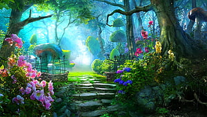 Mystical Enchanted Forest Garden with Giant Mushrooms and Vibrant Flowers HD wallpaper