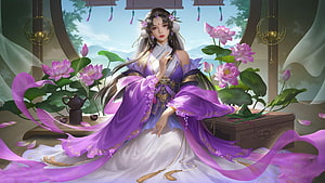 Elegant Woman in Purple Hanfu Surrounded by Pink Lotus Flowers in a Traditional Garden Pavilion, Lilac Lotus Beauty, art, , beautiful, girl, woman, digital, fantasy, flowers, lilac HD wallpaper