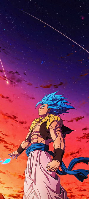 Gogeta Super Saiyan Blue standing against a vibrant cosmic sunset sky HD phone wallpaper