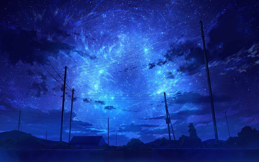 Starry Night Sky Over Rural Landscape With Power Lines And Distant Hills HD wallpaper