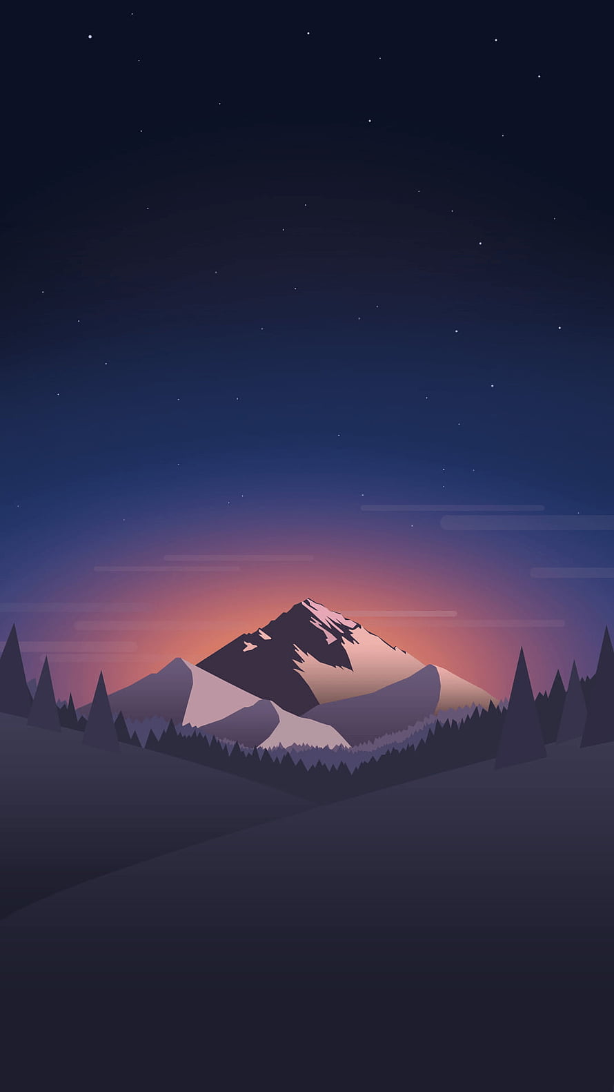 Minimalist Flat Vector Mountain Landscape at Night with Starry Sky and Pine Forest HD phone wallpaper