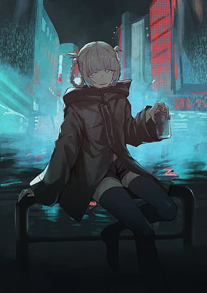 Nanakusa Nazuna from Yofukashi no Uta Sitting in a Neon-Lit Cyberpunk City HD phone wallpaper