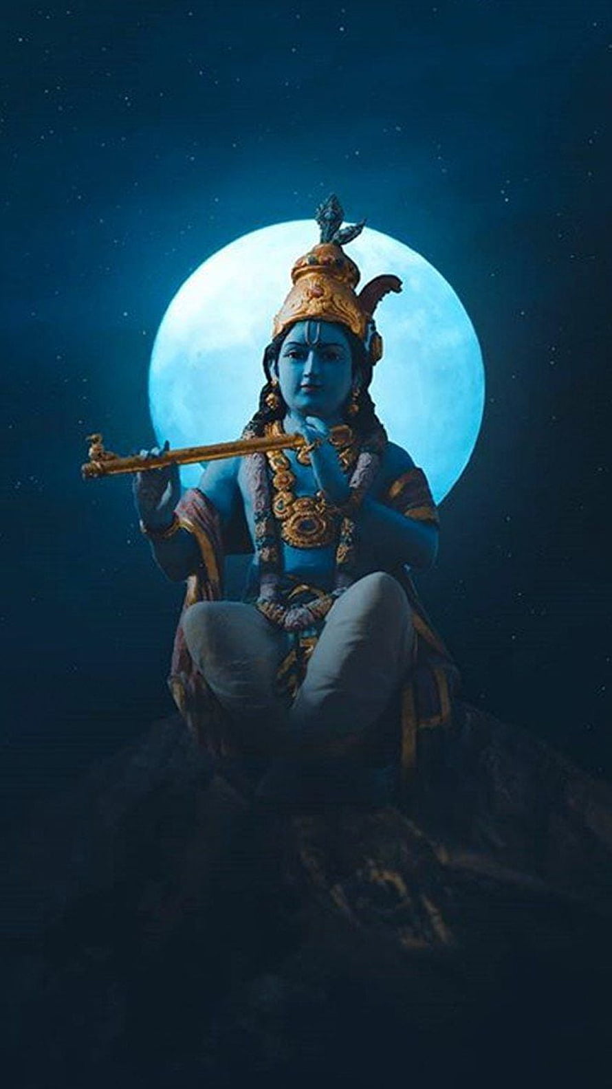 Lord Krishna Playing Flute Under Full Moon with Peacock Crown and Golden Jewelry HD phone wallpaper