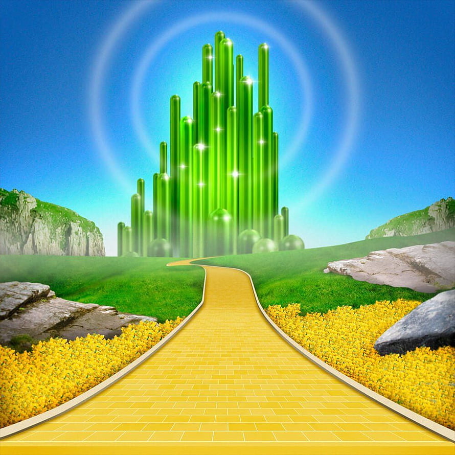 Emerald City of Wizard of Oz Fantasy Landscape with Golden Path and Glowing Towers HD phone wallpaper