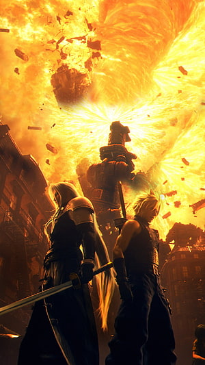 Final Fantasy VII Remake Cloud and Sephiroth Standing Before Massive Explosion HD phone wallpaper
