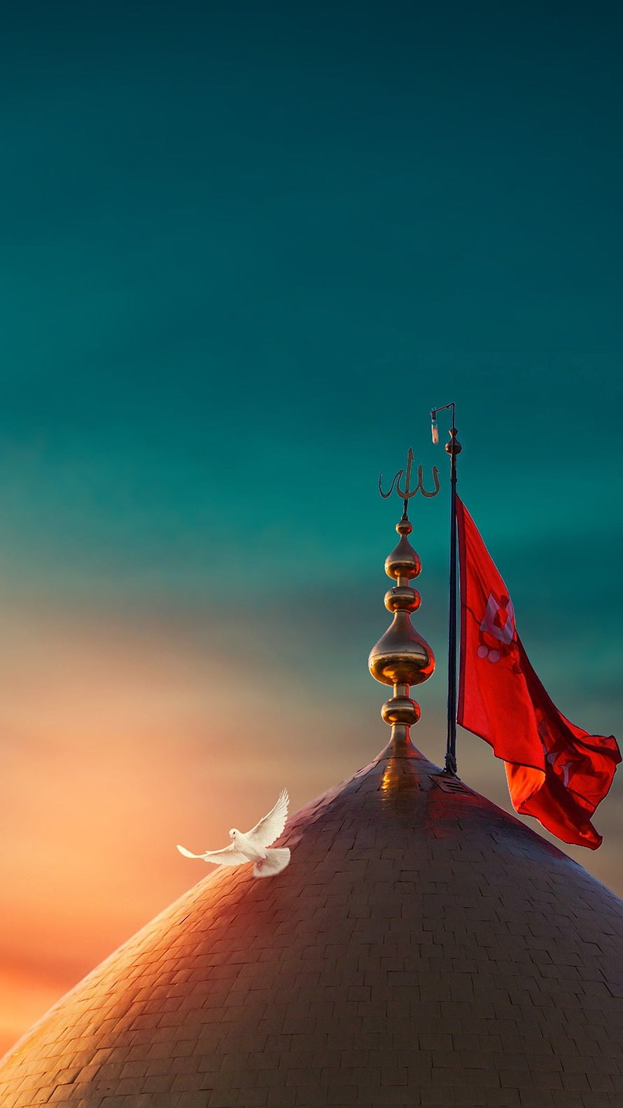 White Dove Soaring Above Mosque Dome with Red Flag at Sunset HD phone wallpaper