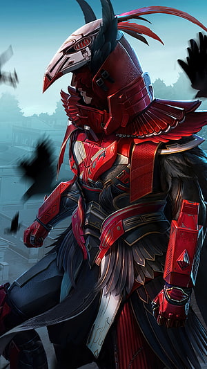 Blood Raven Warrior in Red and Black Armor with Raven Helmet and Feathers HD phone wallpaper