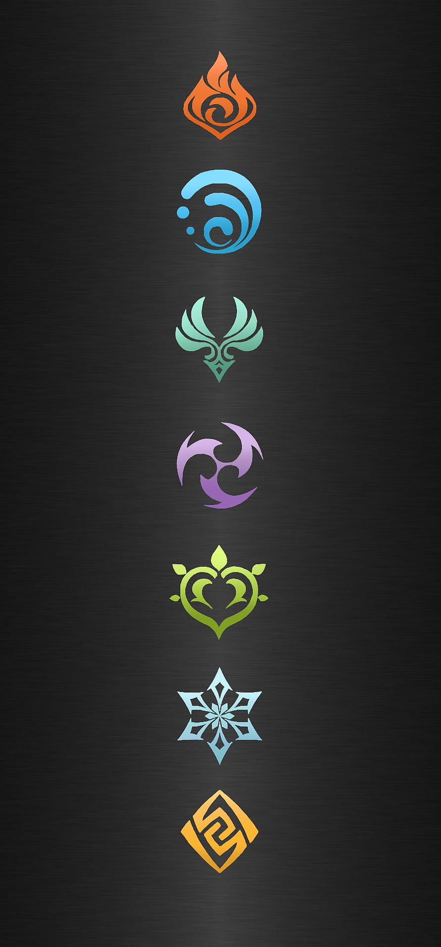 Genshin Impact Seven Elemental Symbols Arranged Vertically on Dark Background HD phone wallpaper
