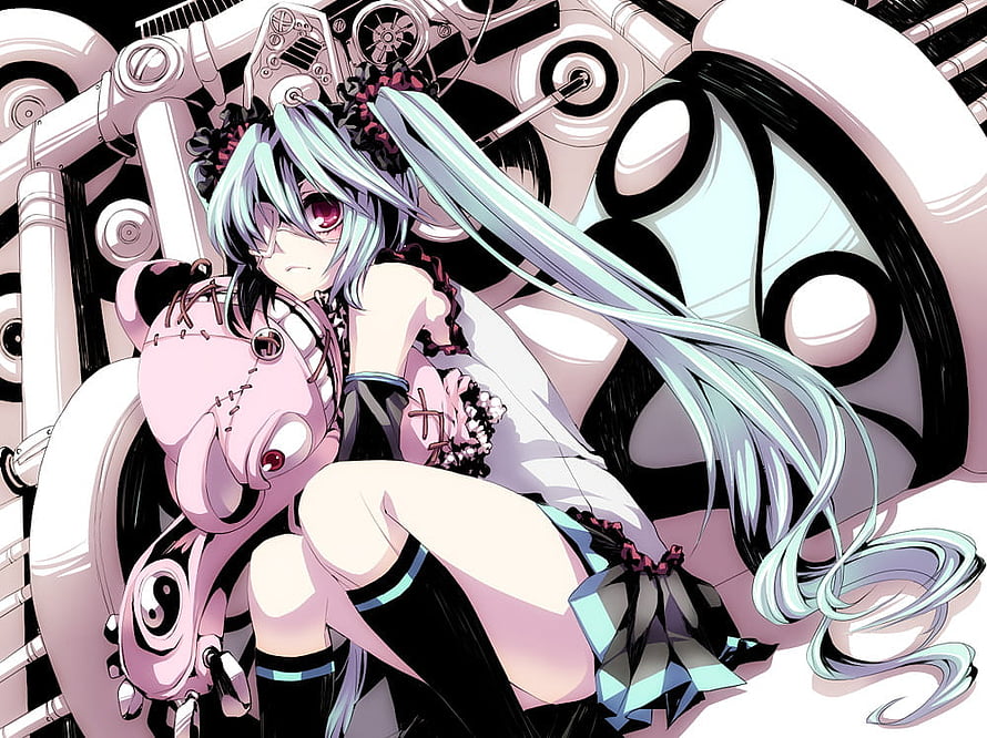 Hatsune Miku in a dark gothic setting with a mechanical doll and industrial machinery HD wallpaper
