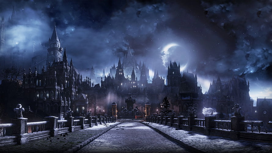 Dark Souls III Gothic Castle at Night with Moonlit Sky and Snowy Path HD wallpaper