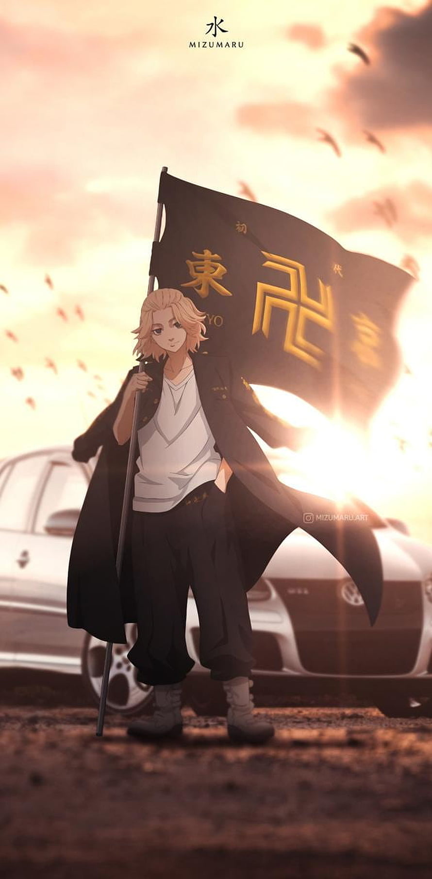 Mikey from Tokyo Revengers holding the Toman flag at sunset with a car in the background HD phone wallpaper