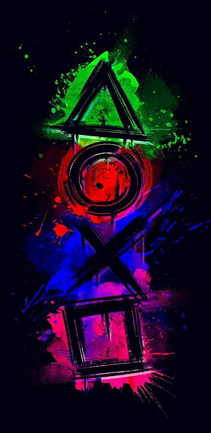 Neon PlayStation Logo Abstract Art with Vibrant Paint Splatter and Geometric Shapes HD phone wallpaper