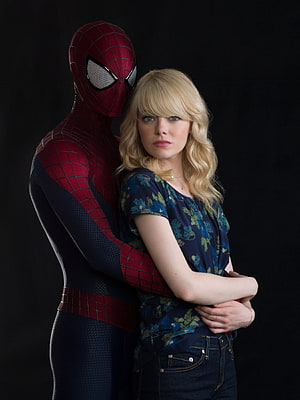 Spider-Man and Gwen Stacy Embrace in Dramatic Studio Portrait HD phone wallpaper