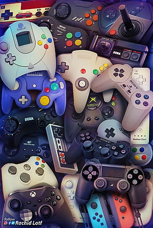 Retro Gaming Controllers Collage Featuring Nintendo, PlayStation, Xbox, and Sega Pads HD phone wallpaper