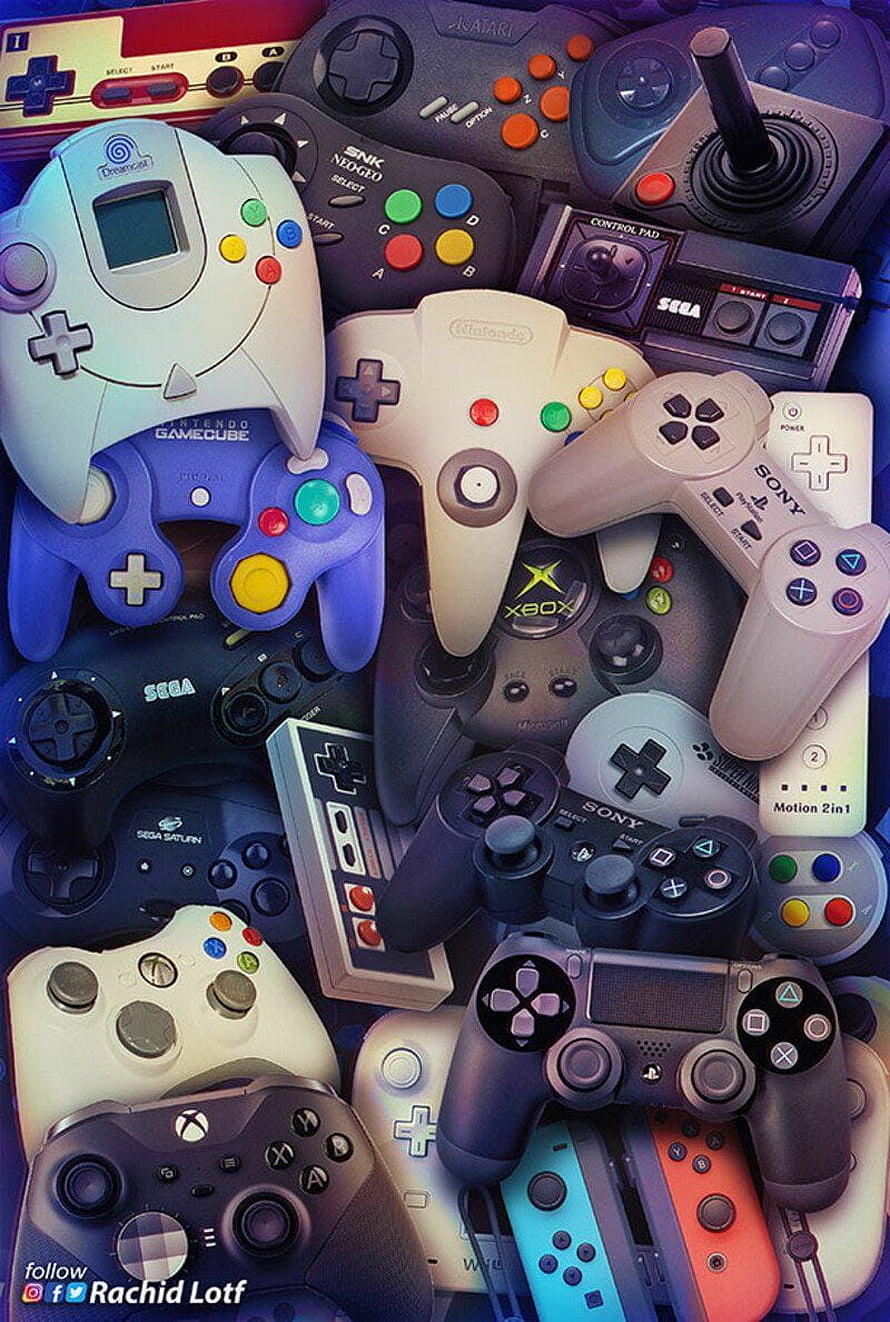 Retro Gaming Controllers Collage Featuring Nintendo, PlayStation, Xbox, and Sega Pads HD phone wallpaper
