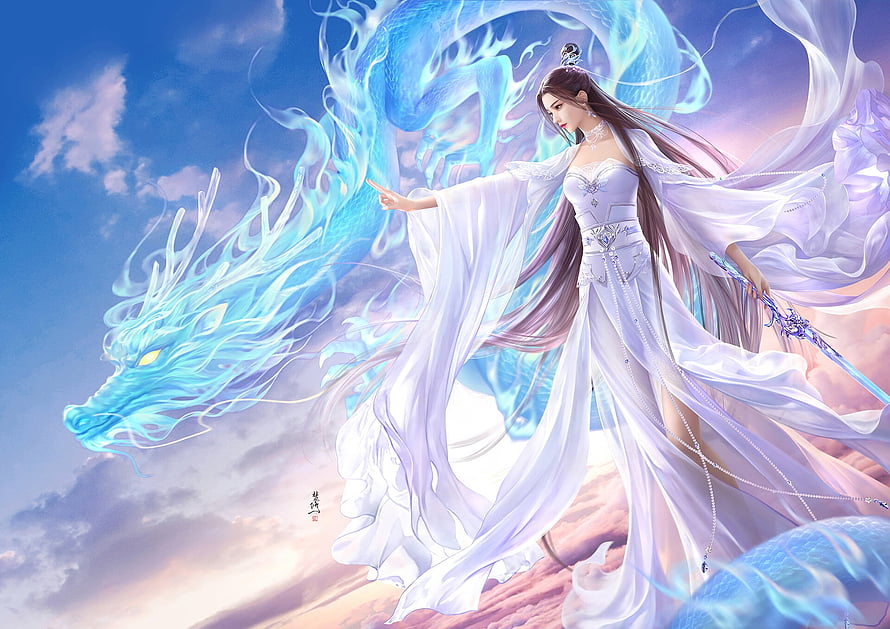 Ethereal Fantasy Woman in White Robes with a Glowing Blue Spirit Dragon HD wallpaper