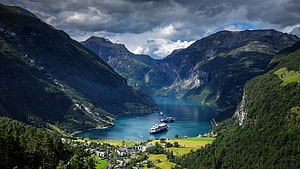 Geirangerfjord Norway Scenic View with Cruise Ships and Mountain Villages HD wallpaper