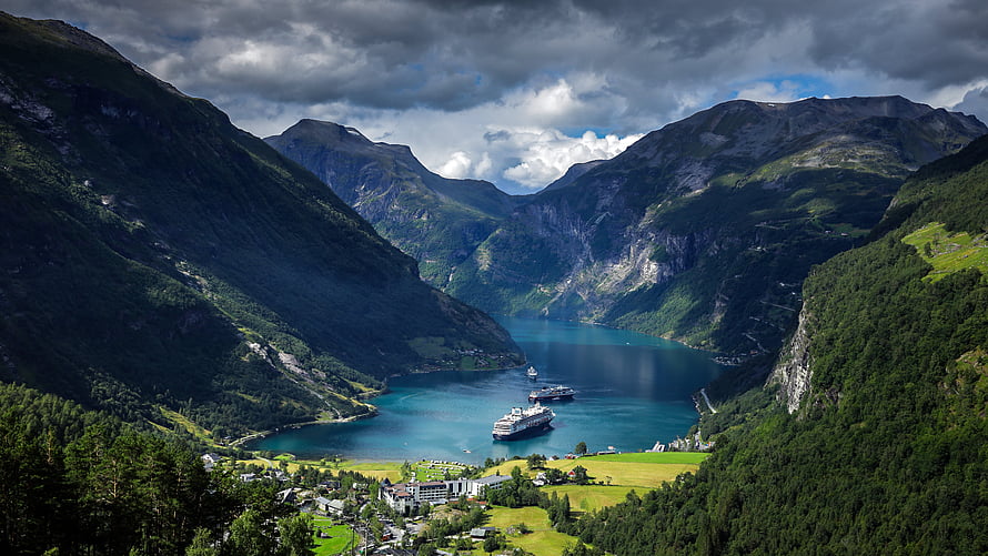 Geirangerfjord Norway Scenic View with Cruise Ships and Mountain Villages HD wallpaper