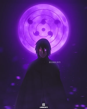 Sasuke Uchiha with Rinnegan and Sharingan Against a Purple Moon HD phone wallpaper