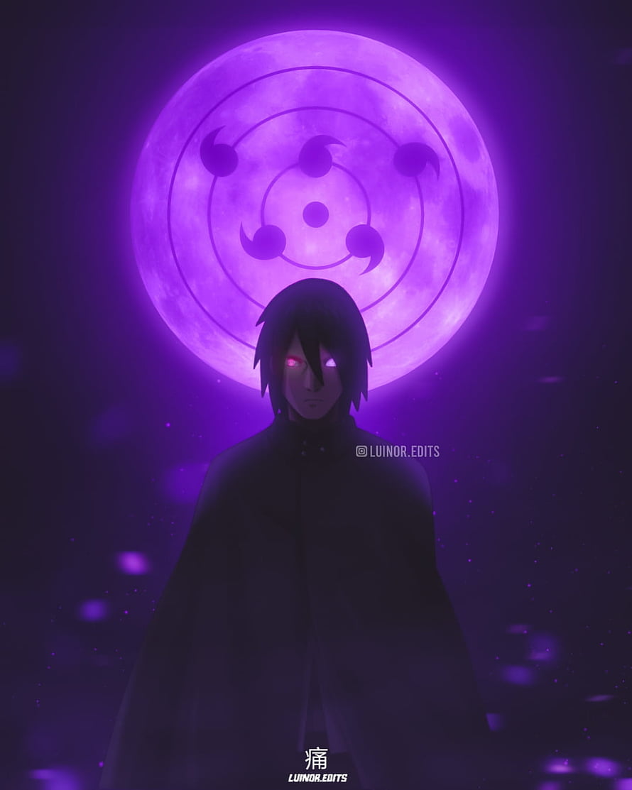 Sasuke Uchiha with Rinnegan and Sharingan Against a Purple Moon HD phone wallpaper