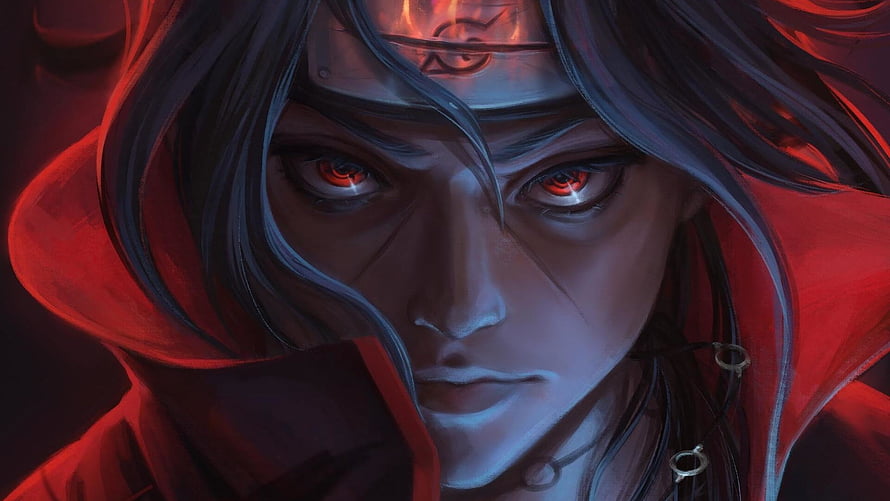 Itachi Uchiha Close-Up Portrait with Red Sharingan Eyes and Headband in Dark Anime Style HD wallpaper