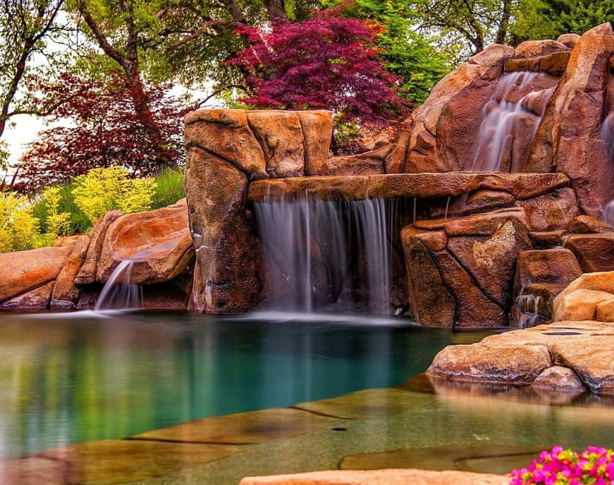 Serene Garden Waterfall With Red Maple Trees And Calm Pool HD wallpaper
