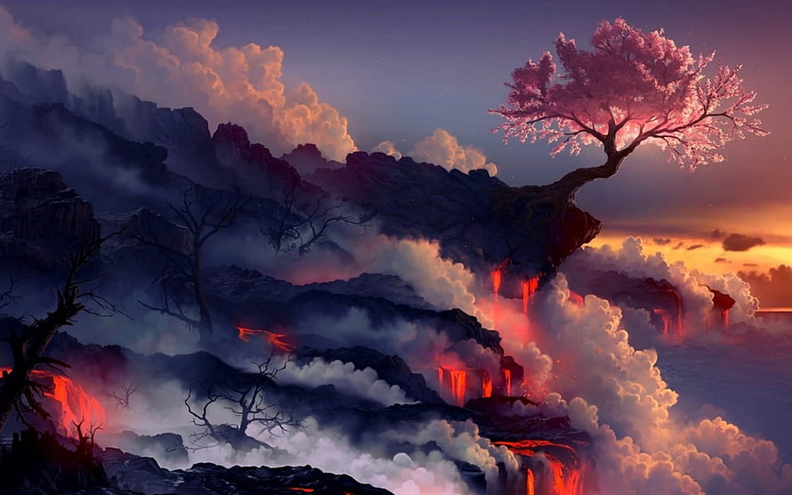 Fantasy Landscape with Glowing Cherry Blossom Tree and Lava Waterfalls at Sunset HD wallpaper