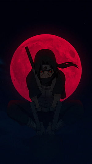 Itachi Uchiha Meditating Before a Blood Moon in Dark Naruto Shippuden Anime Art HD phone wallpaper
