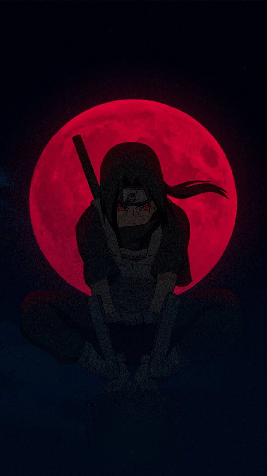 Itachi Uchiha Meditating Before a Blood Moon in Dark Naruto Shippuden Anime Art HD phone wallpaper