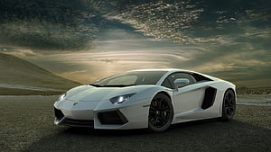 White Lamborghini Aventador LP700-4 Super Car in Dramatic Desert Landscape HD wallpaper