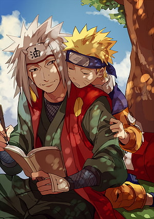 Naruto and Jiraiya Sharing a Peaceful Moment Under a Tree in the Sunlight HD phone wallpaper