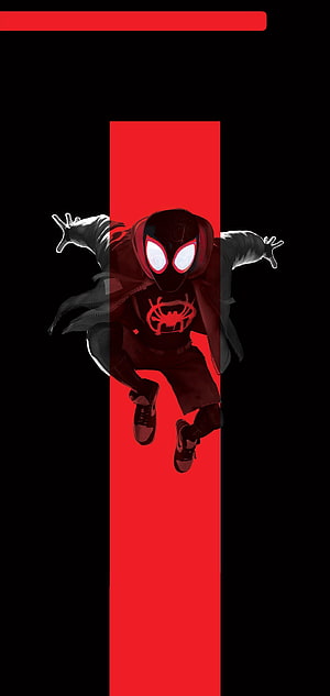 Miles Morales Spider-Man in Black Suit Leaping Against Red and Black Background, Super Amoled Spider Man, Spiderman Amoled HD phone wallpaper