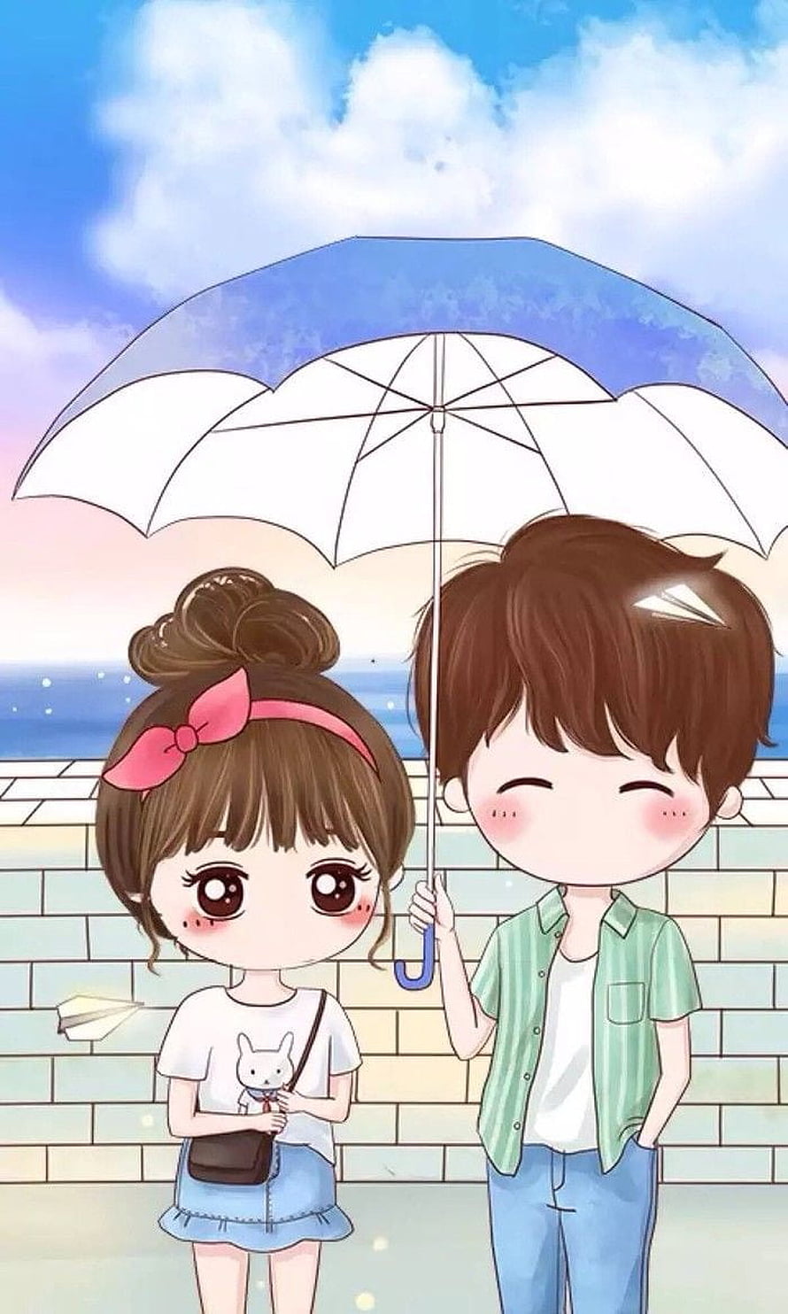 Korean Cartoon Couple Sharing An Umbrella By The Sea HD phone wallpaper