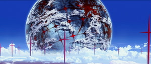 Neon Genesis Evangelion 3.0+1.0 Planet with Red Crosses and Clouds HD wallpaper