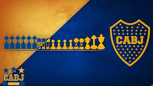 Boca Juniors CABJ Shield Logo With Trophy Silhouettes On Blue And Gold Diagonal Background HD wallpaper