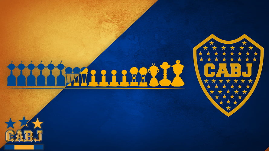 Boca Juniors CABJ Shield Logo With Trophy Silhouettes On Blue And Gold Diagonal Background HD wallpaper
