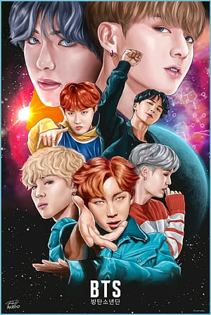 BTS Digital Art Portrait of Seven Members Against Cosmic Space Background HD phone wallpaper
