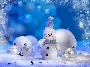 Festive Snowman with Silver Ornaments and Snowflakes on a Blue Winter Background, Holidays, New Year, Toys, Snowman HD wallpaper
