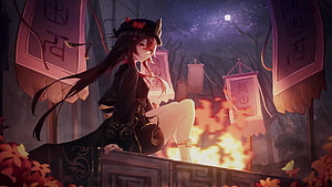 Hu Tao from Genshin Impact Sitting by a Fire Under a Starry Night Sky HD wallpaper