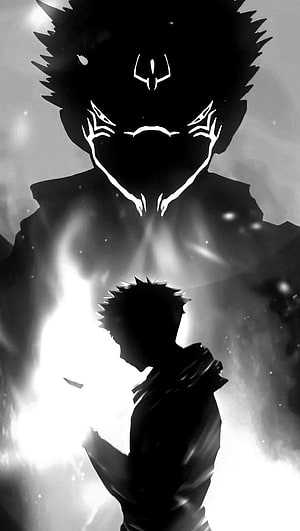 Sukuna Silhouette with Glowing Markings in Dramatic Black and White Anime Art HD phone wallpaper