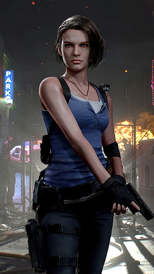 Jill Valentine from Resident Evil 3 Remake in a blue tank top holding a pistol in a burning city street HD phone wallpaper