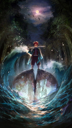 Tanjiro Kamado Standing on Split Rock Amidst Swirling Water in Demon Slayer HD phone wallpaper