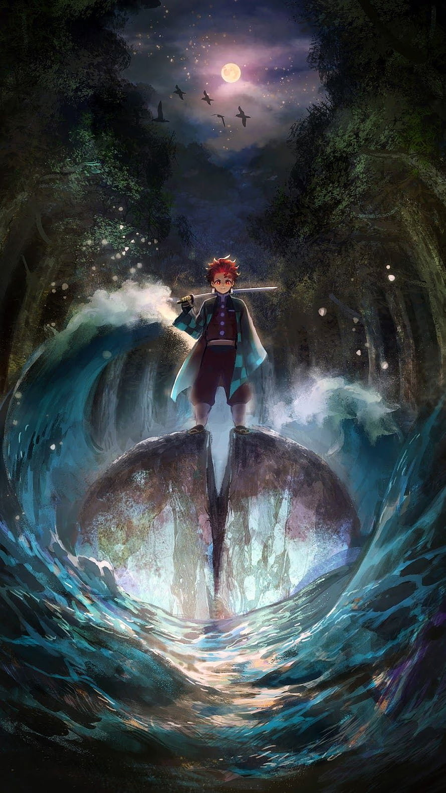 Tanjiro Kamado Standing on Split Rock Amidst Swirling Water in Demon Slayer HD phone wallpaper