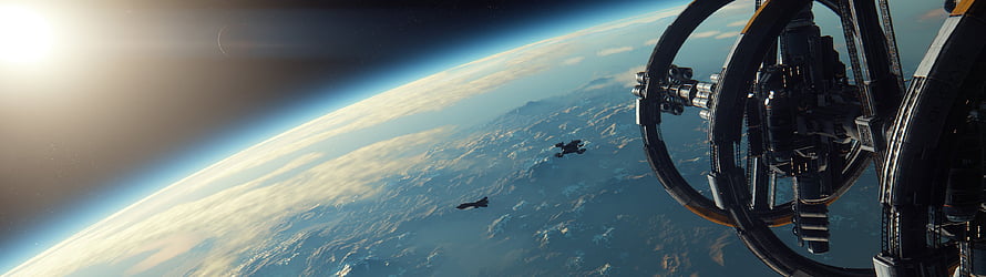 Star Citizen Space Station Orbiting Earth with Fighter Ships in Low Orbit HD wallpaper