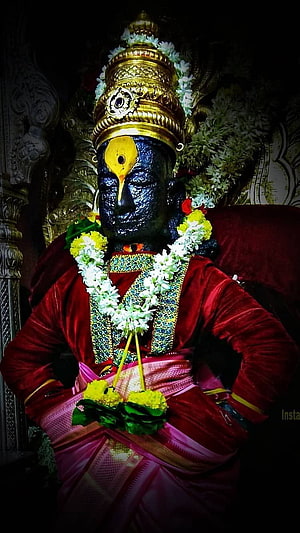 Lord Vitthal Pandurang Temple Idol Adorned With Flower Garlands And Golden Crown HD phone wallpaper