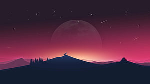 Minimalist Wolf Silhouette on Mountain Ridge Under Giant Planet and Starry Sky HD wallpaper