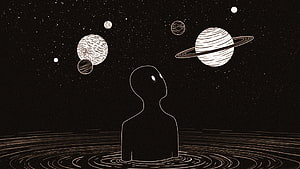 Silhouette of a Man Gazing at Ringed Planets in a Starry Night Sky HD wallpaper